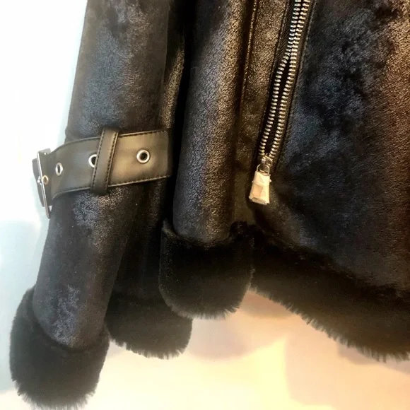 Fur Lined Moto Jacket M | faux fur lined coat  | Vintage Express | NWT - Picture 3 of 8